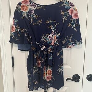 Navy Floral Blouse with Tie - 2XL